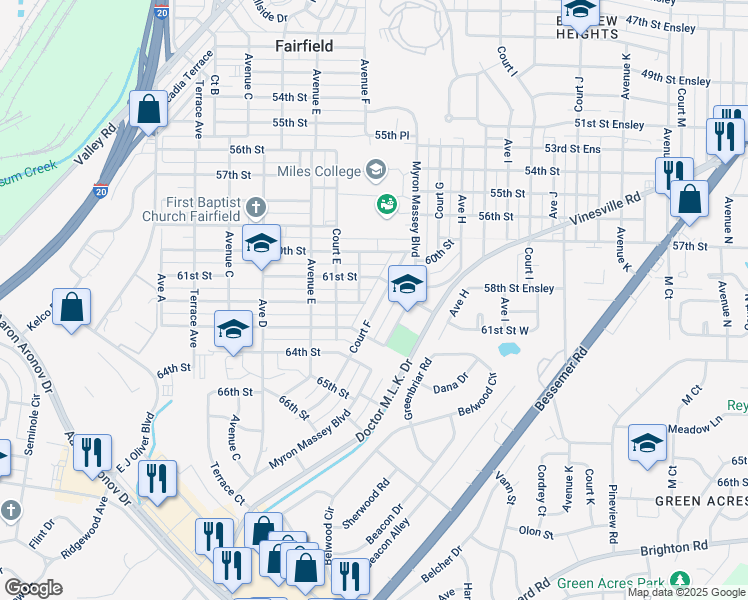 map of restaurants, bars, coffee shops, grocery stores, and more near 6108 Court F in Fairfield