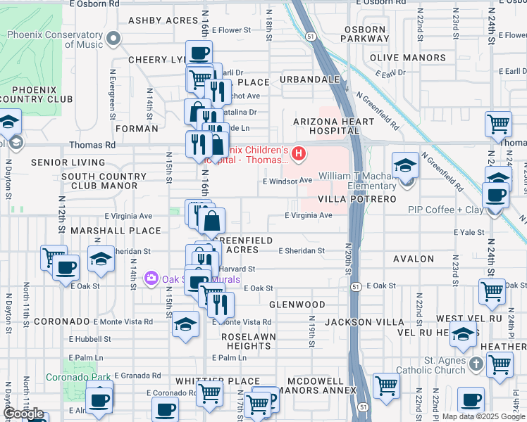 map of restaurants, bars, coffee shops, grocery stores, and more near 1736 East Virginia Avenue in Phoenix