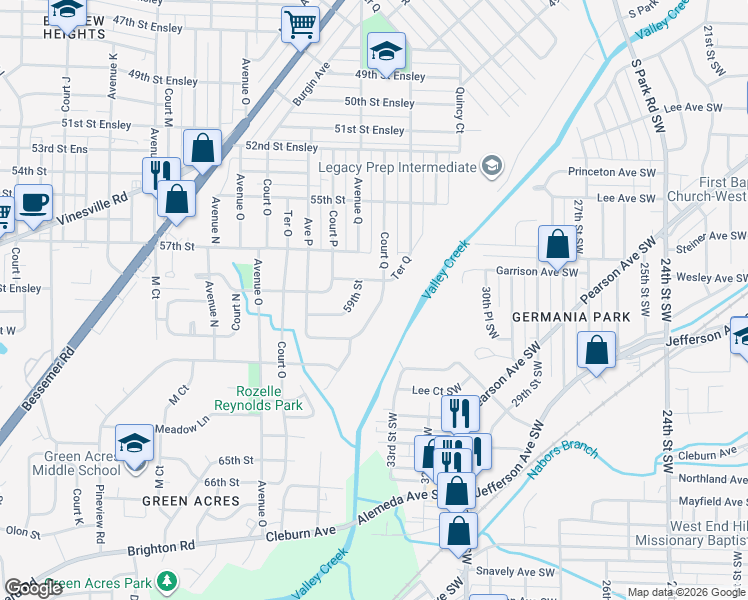 map of restaurants, bars, coffee shops, grocery stores, and more near 5813 Avenue Q in Birmingham