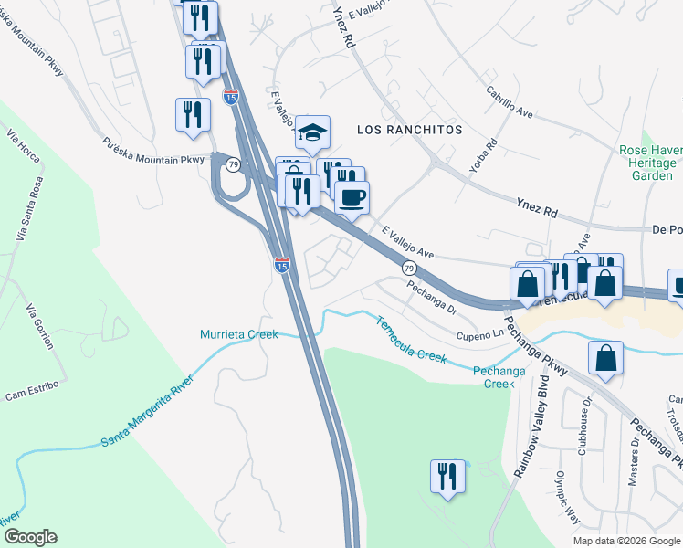 map of restaurants, bars, coffee shops, grocery stores, and more near 44580 La Paz Road in Temecula