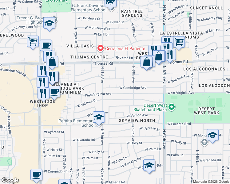 map of restaurants, bars, coffee shops, grocery stores, and more near 7013 West Cambridge Avenue in Phoenix