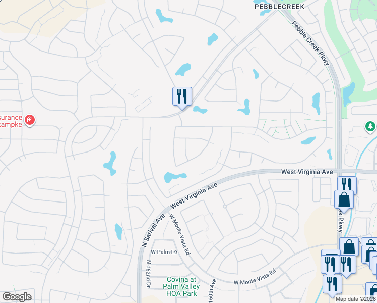 map of restaurants, bars, coffee shops, grocery stores, and more near 2649 North 161st Avenue in Goodyear