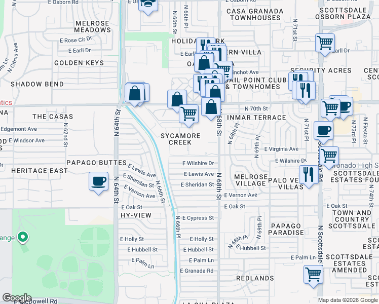 map of restaurants, bars, coffee shops, grocery stores, and more near 6599 East Thomas Road in Scottsdale