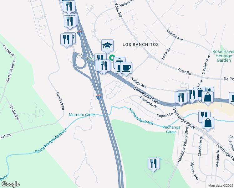 map of restaurants, bars, coffee shops, grocery stores, and more near 44580 La Paz Road in Temecula