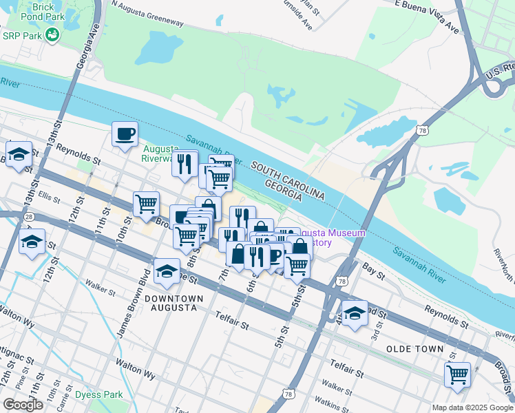 map of restaurants, bars, coffee shops, grocery stores, and more near 1 7th Street in Augusta