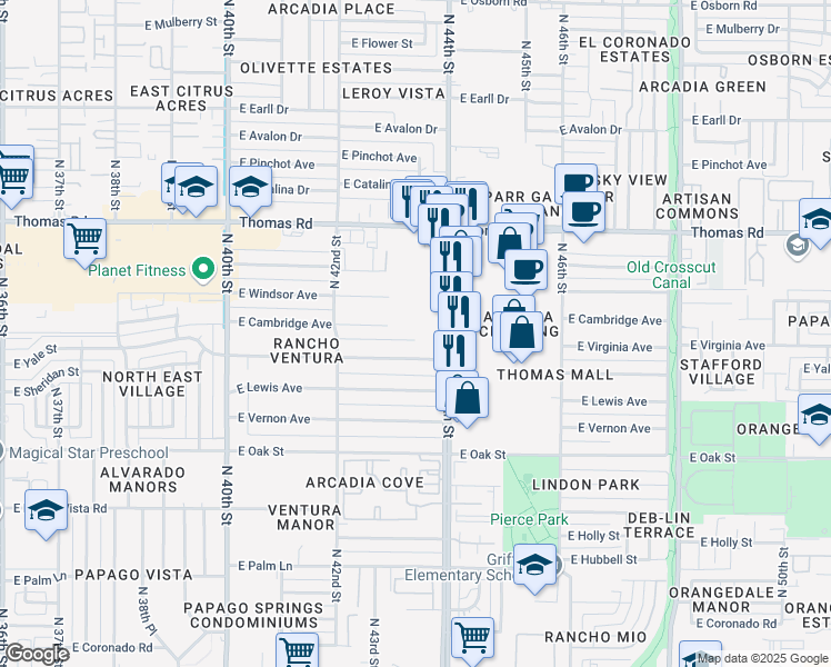 map of restaurants, bars, coffee shops, grocery stores, and more near 2600 North 44th Street in Phoenix