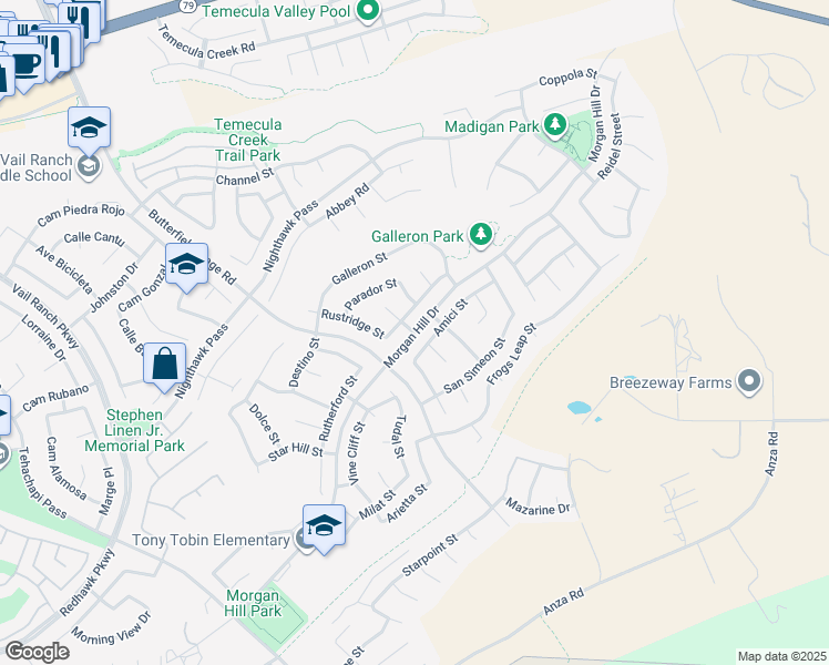 map of restaurants, bars, coffee shops, grocery stores, and more near Morgan Hill Drive in Temecula