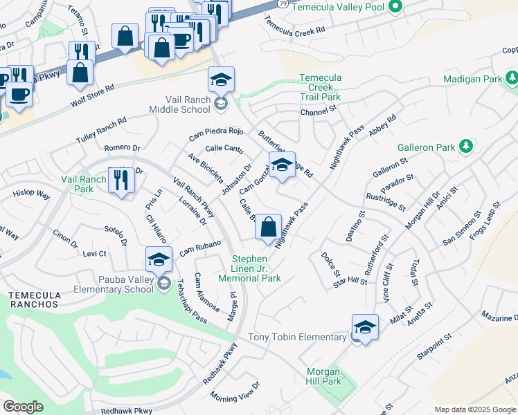 map of restaurants, bars, coffee shops, grocery stores, and more near 44737 Corte Sanchez in Temecula
