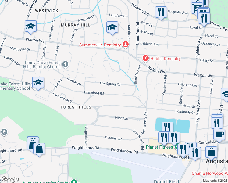 map of restaurants, bars, coffee shops, grocery stores, and more near 3021 Bransford Road in Augusta