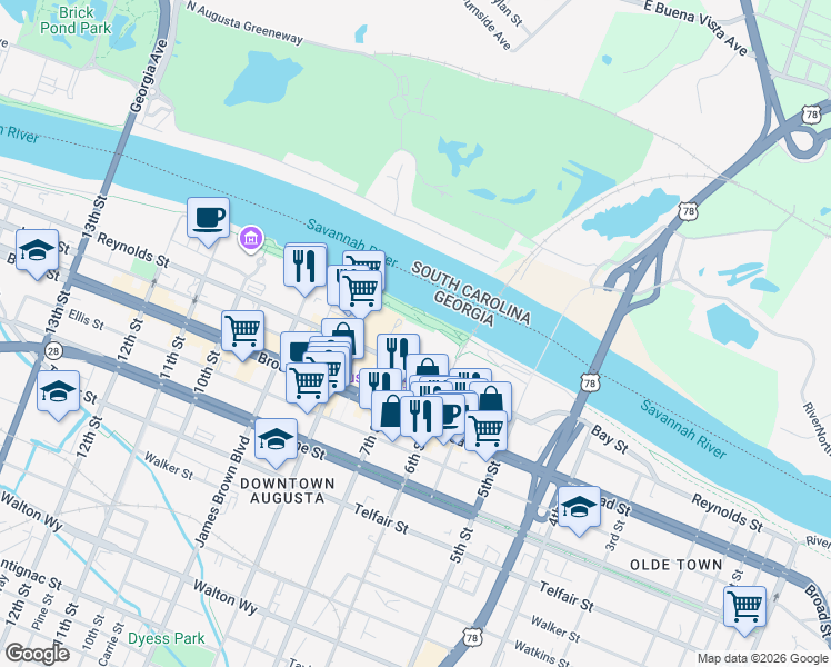 map of restaurants, bars, coffee shops, grocery stores, and more near 3 8th Street in Augusta