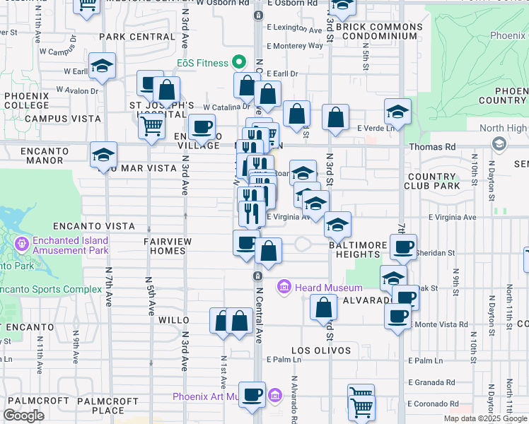 map of restaurants, bars, coffee shops, grocery stores, and more near 2601 North Central Avenue in Phoenix