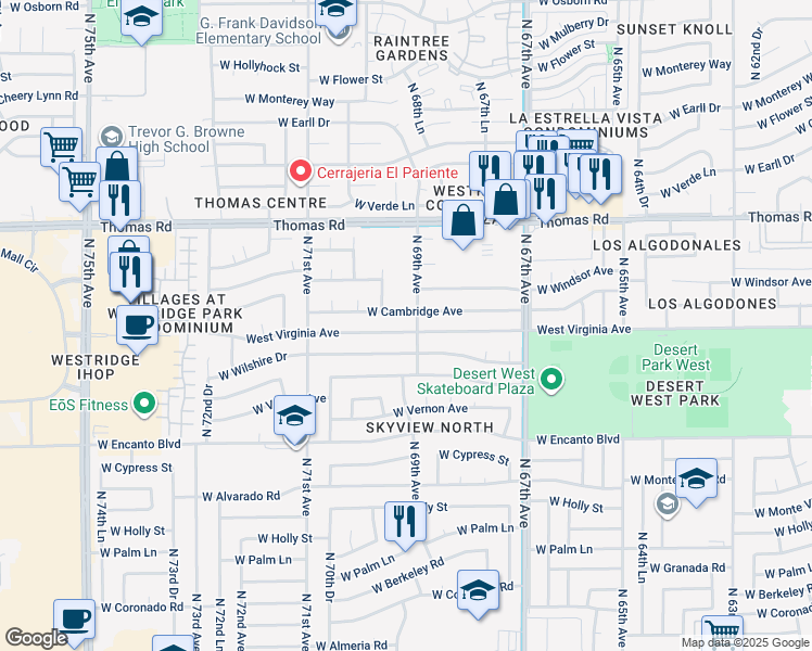 map of restaurants, bars, coffee shops, grocery stores, and more near 6856 Virginia Avenue in Phoenix