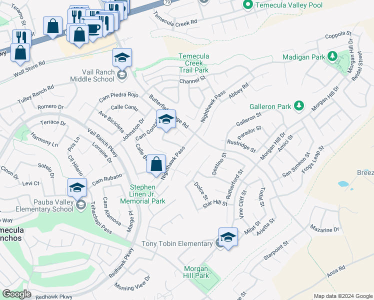 map of restaurants, bars, coffee shops, grocery stores, and more near 44745 Longfellow Avenue in Temecula