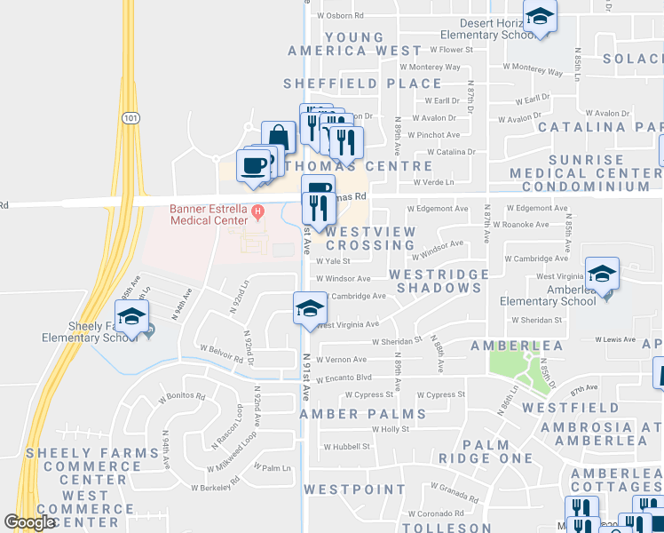 map of restaurants, bars, coffee shops, grocery stores, and more near 9049 W Yale St in Phoenix
