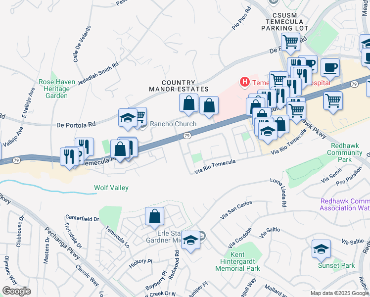 map of restaurants, bars, coffee shops, grocery stores, and more near 44621 Corte Veranos in Temecula