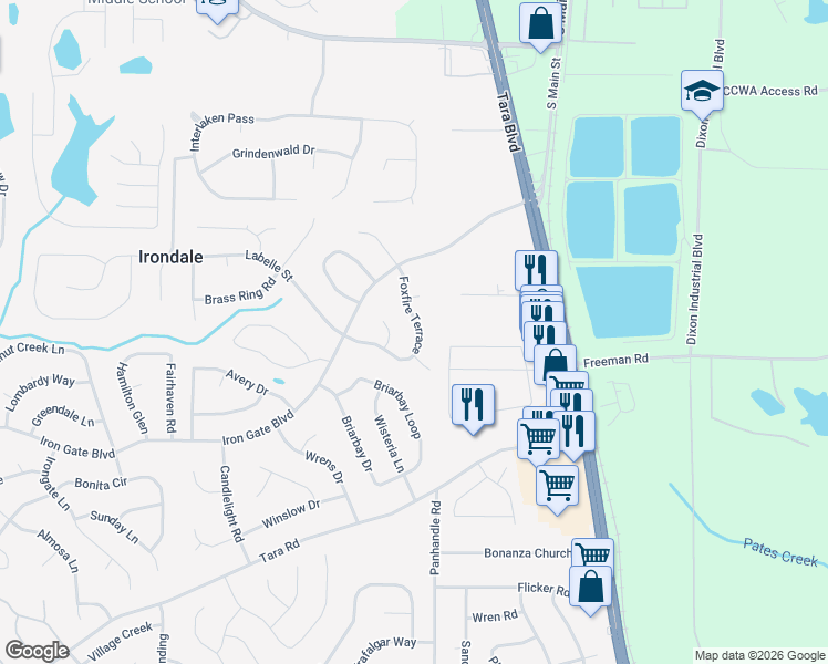 map of restaurants, bars, coffee shops, grocery stores, and more near 10185 Foxfire Terrace in Jonesboro