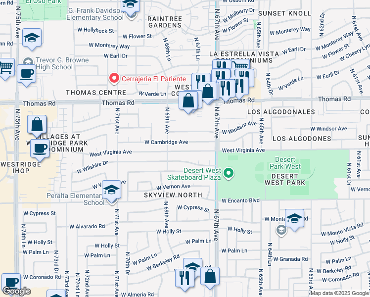 map of restaurants, bars, coffee shops, grocery stores, and more near 6822 West Virginia Avenue in Phoenix