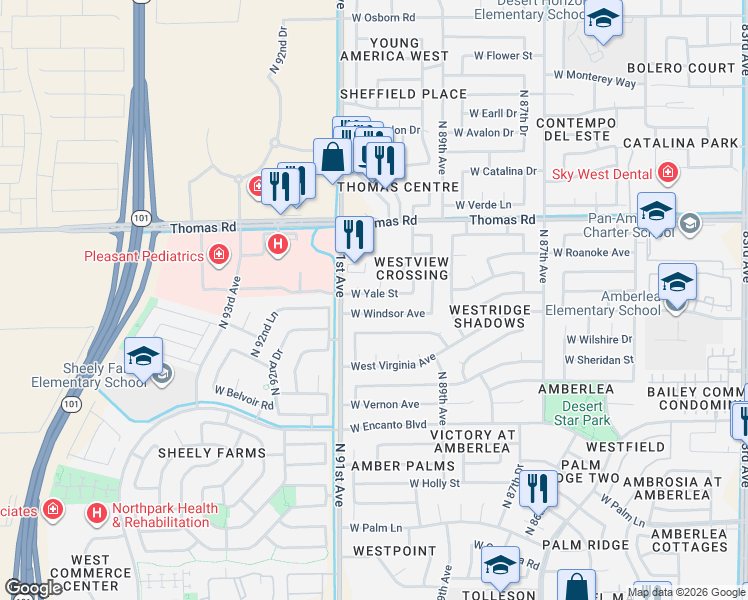 map of restaurants, bars, coffee shops, grocery stores, and more near 9049 West Yale Street in Phoenix