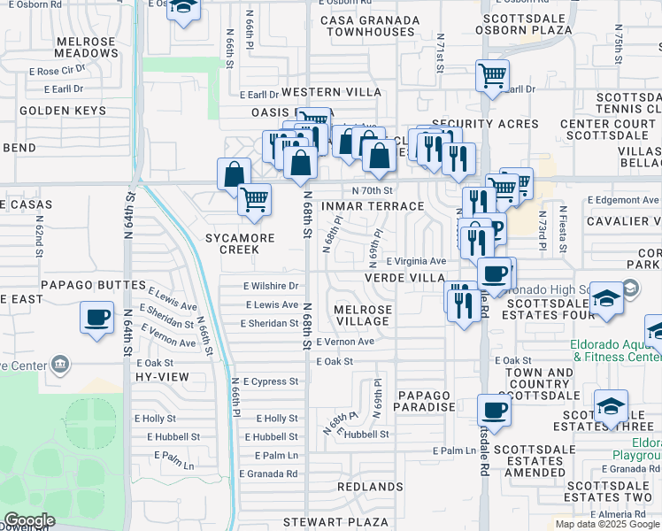 map of restaurants, bars, coffee shops, grocery stores, and more near 6842 East Virginia Avenue in Scottsdale