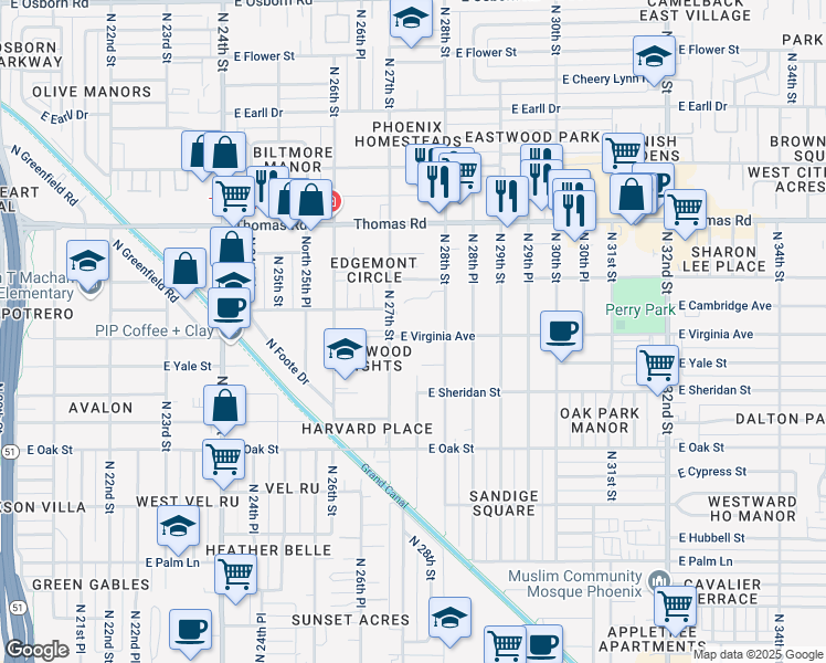 map of restaurants, bars, coffee shops, grocery stores, and more near 2714 East Virginia Avenue in Phoenix