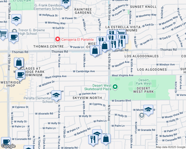 map of restaurants, bars, coffee shops, grocery stores, and more near 6822 West Virginia Avenue in Phoenix