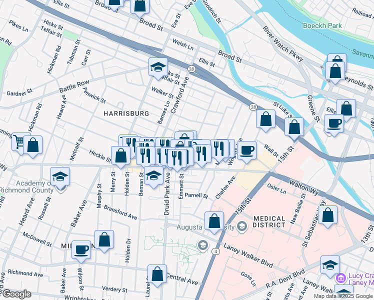 map of restaurants, bars, coffee shops, grocery stores, and more near 1705 Jenkins Street in Augusta