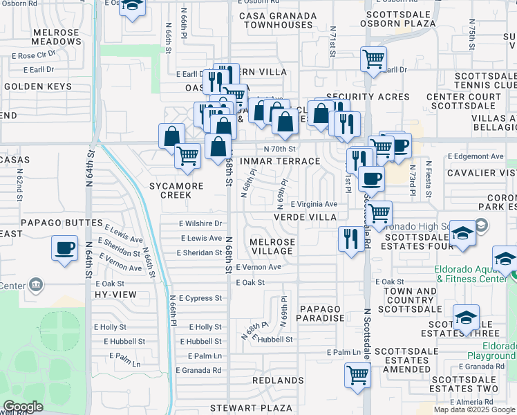 map of restaurants, bars, coffee shops, grocery stores, and more near 6842 East Virginia Avenue in Scottsdale