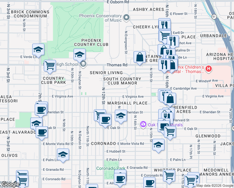 map of restaurants, bars, coffee shops, grocery stores, and more near 1244 East Virginia Avenue in Phoenix