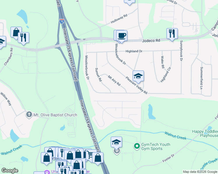 map of restaurants, bars, coffee shops, grocery stores, and more near 135 Sunset Road in McDonough