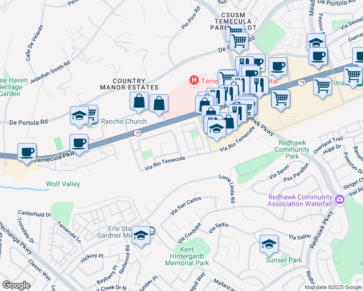 map of restaurants, bars, coffee shops, grocery stores, and more near 44682 Arbor Lane in Temecula