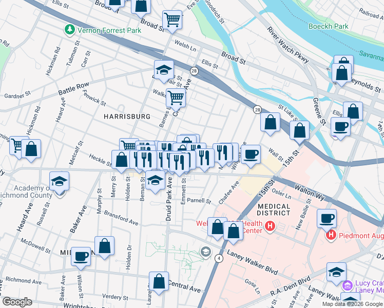 map of restaurants, bars, coffee shops, grocery stores, and more near 1705 Jenkins Street in Augusta