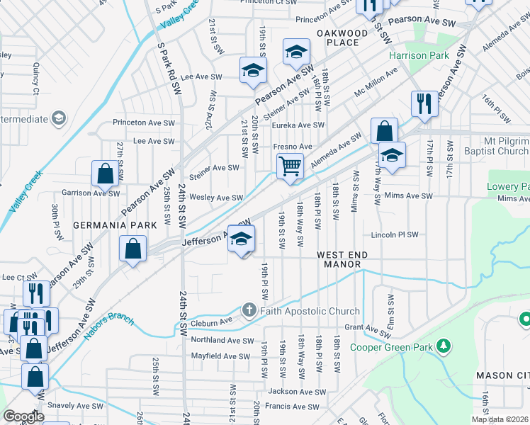 map of restaurants, bars, coffee shops, grocery stores, and more near 1922 Jefferson Avenue Southwest in Birmingham