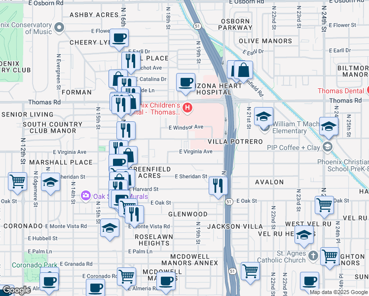 map of restaurants, bars, coffee shops, grocery stores, and more near 1822 East Virginia Avenue in Phoenix