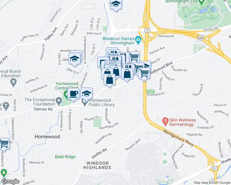 map of restaurants, bars, coffee shops, grocery stores, and more near 3003 Roxbury Road in Birmingham