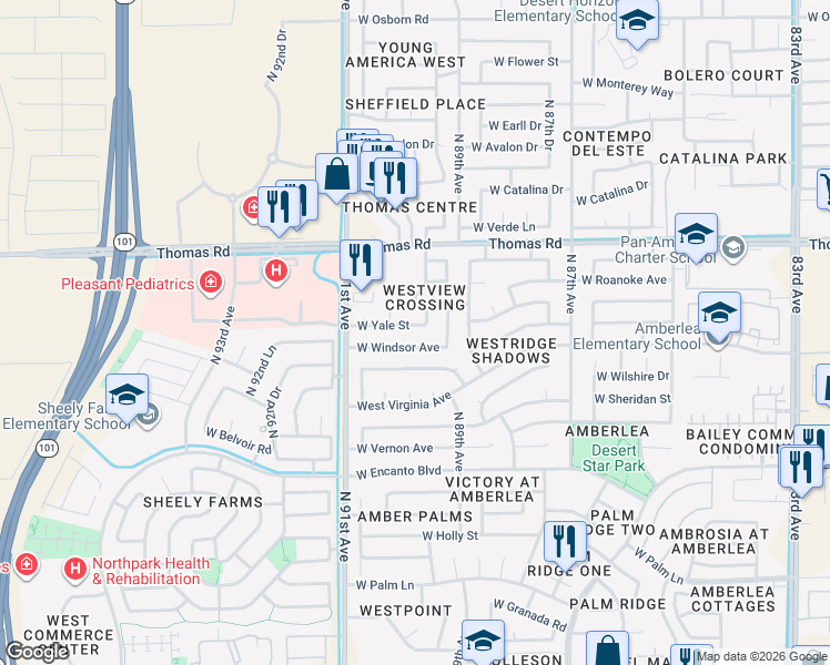 map of restaurants, bars, coffee shops, grocery stores, and more near 9015 West Yale Street in Phoenix