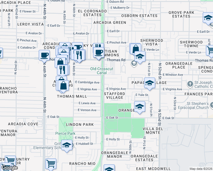 map of restaurants, bars, coffee shops, grocery stores, and more near 2611 North 48th Street in Phoenix