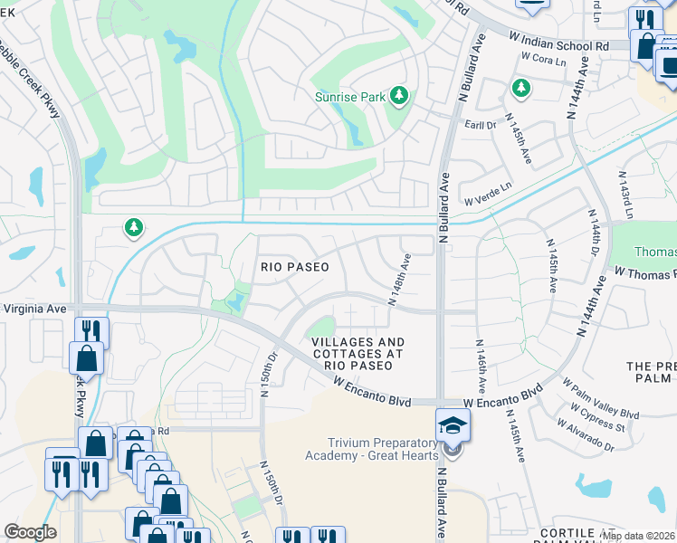 map of restaurants, bars, coffee shops, grocery stores, and more near 2658 North 149th Avenue in Goodyear
