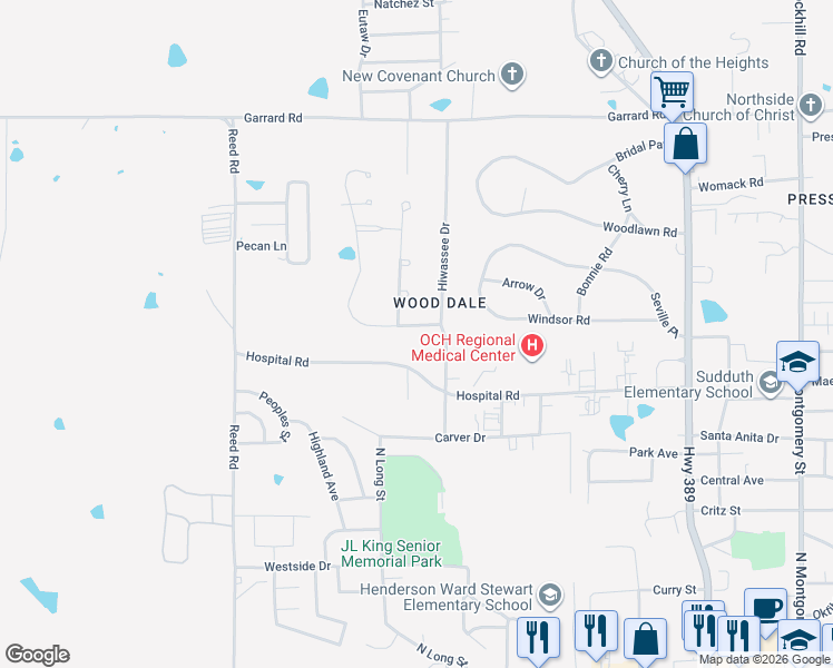 map of restaurants, bars, coffee shops, grocery stores, and more near 105 Cherokee Drive in Starkville