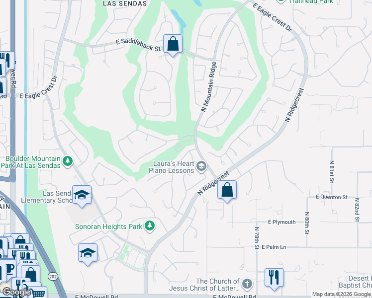 map of restaurants, bars, coffee shops, grocery stores, and more near 3220 North Ridgecrest in Mesa