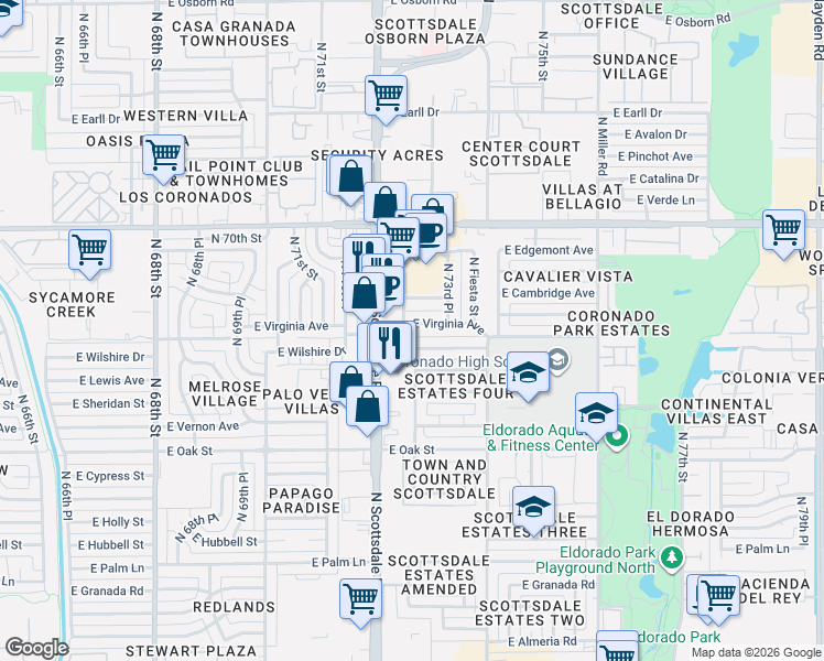 map of restaurants, bars, coffee shops, grocery stores, and more near 7221 East Virginia Avenue in Scottsdale
