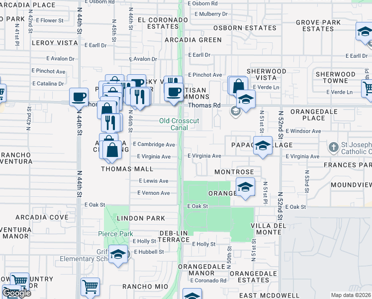 map of restaurants, bars, coffee shops, grocery stores, and more near 2611 North 48th Street in Phoenix
