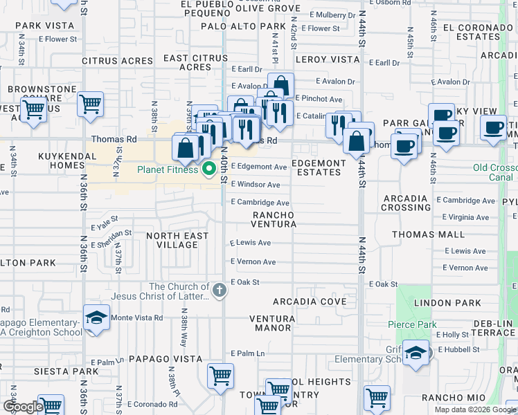map of restaurants, bars, coffee shops, grocery stores, and more near 4107 East Cambridge Avenue in Phoenix