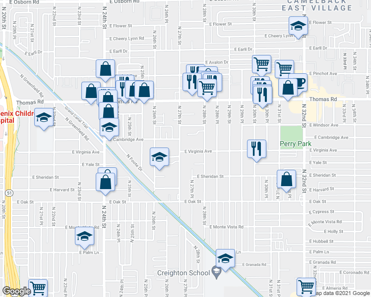 map of restaurants, bars, coffee shops, grocery stores, and more near 2714 East Virginia Avenue in Phoenix