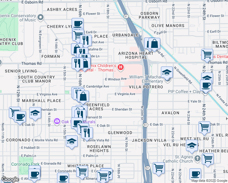 map of restaurants, bars, coffee shops, grocery stores, and more near 1822 East Virginia Avenue in Phoenix