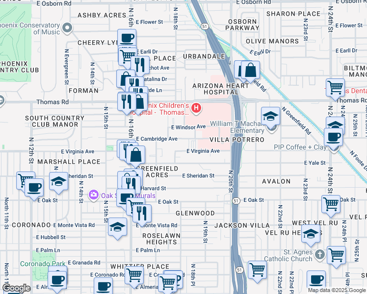 map of restaurants, bars, coffee shops, grocery stores, and more near 1822 East Virginia Avenue in Phoenix
