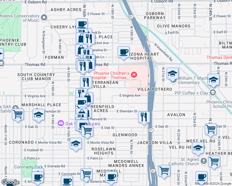map of restaurants, bars, coffee shops, grocery stores, and more near 1736 East Virginia Avenue in Phoenix