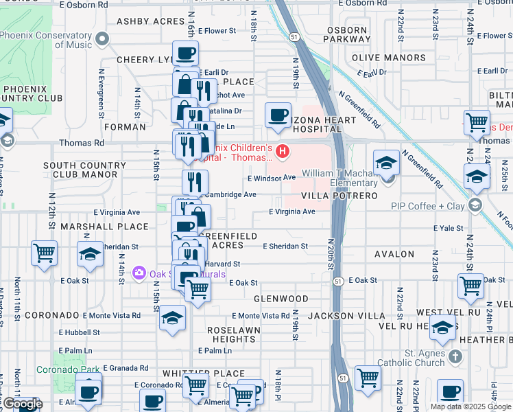 map of restaurants, bars, coffee shops, grocery stores, and more near 1736 East Virginia Avenue in Phoenix