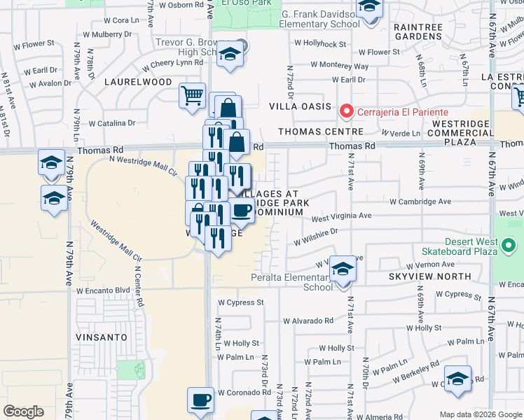 map of restaurants, bars, coffee shops, grocery stores, and more near 2620 North 73rd Glen in Phoenix