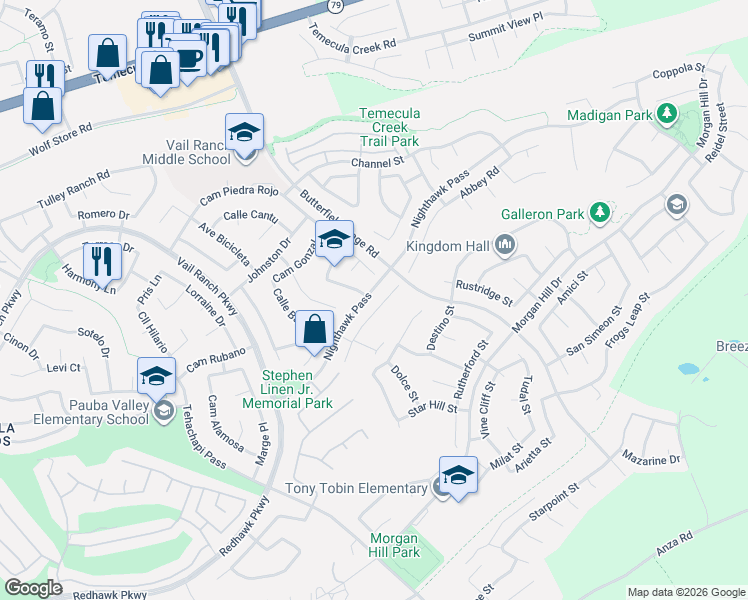 map of restaurants, bars, coffee shops, grocery stores, and more near 44745 Longfellow Avenue in Temecula