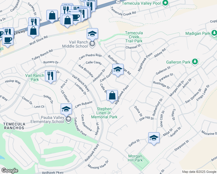 map of restaurants, bars, coffee shops, grocery stores, and more near 44737 Corte Sanchez in Temecula